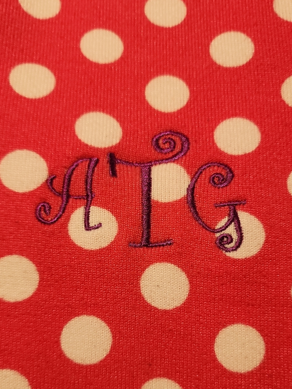 Pink Polka Dot Infinity Scarf with Purple Monogram (A T G)